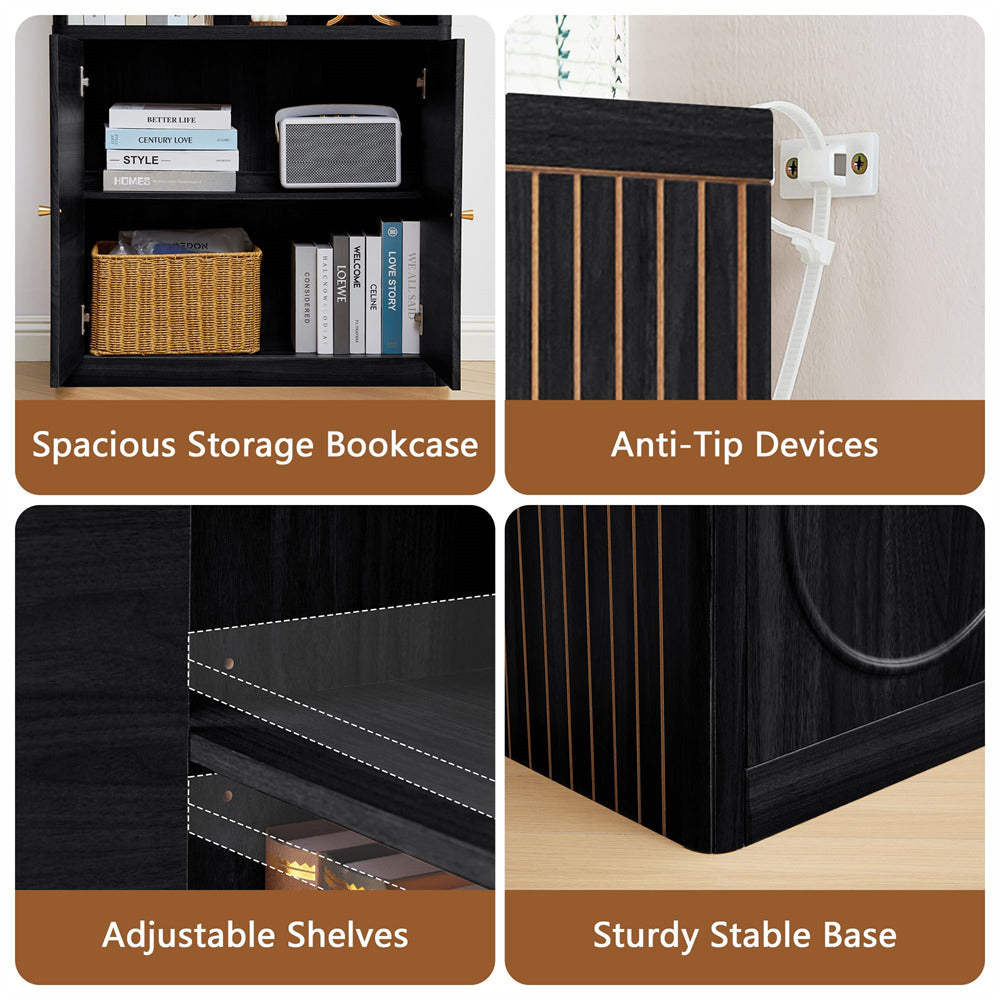 Collage of a black bookcase with features labeled: Spacious Storage Bookcase, Anti-Tip Devices, Adjustable Shelves, and Sturdy Stable Base.