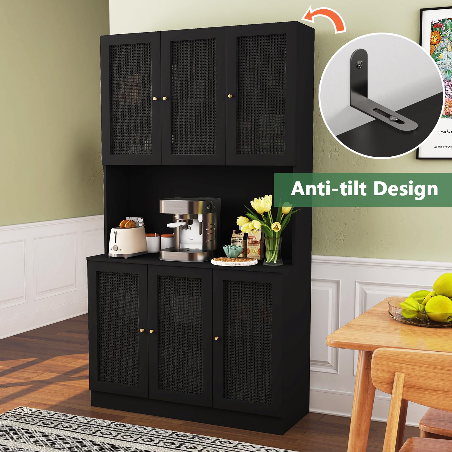 Black 70"Tall Freestanding Metal Rattan Cabinet Kitchen Pantry Cabinet with 6 Doors