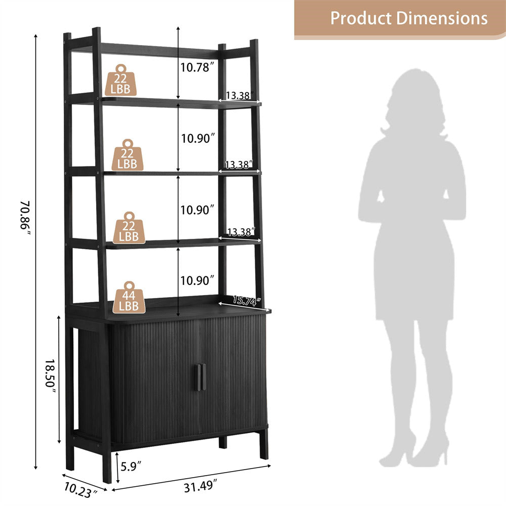 Black bookshelf with dimensions and a silhouette of a person for scale.