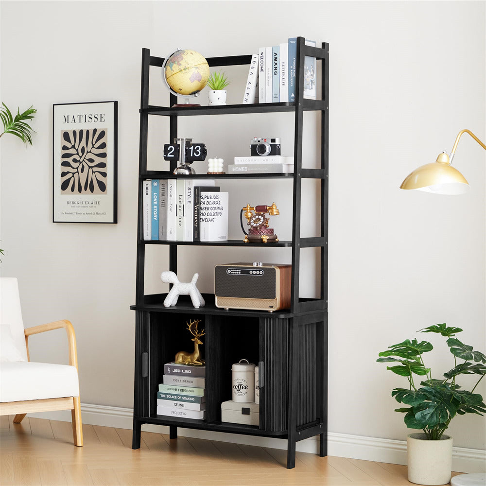 Black bookshelf with decorative items in a room setting
