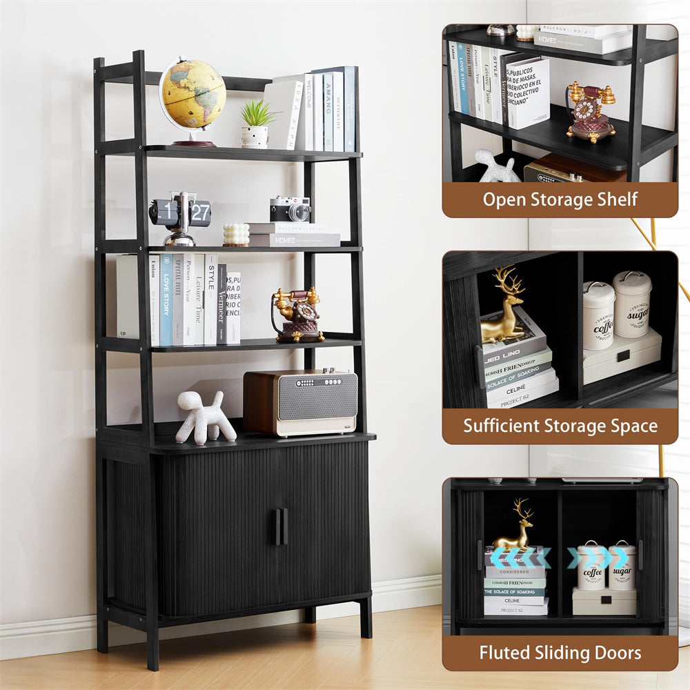 Black storage shelf with open shelves and fluted sliding doors, featuring books and decorative items.