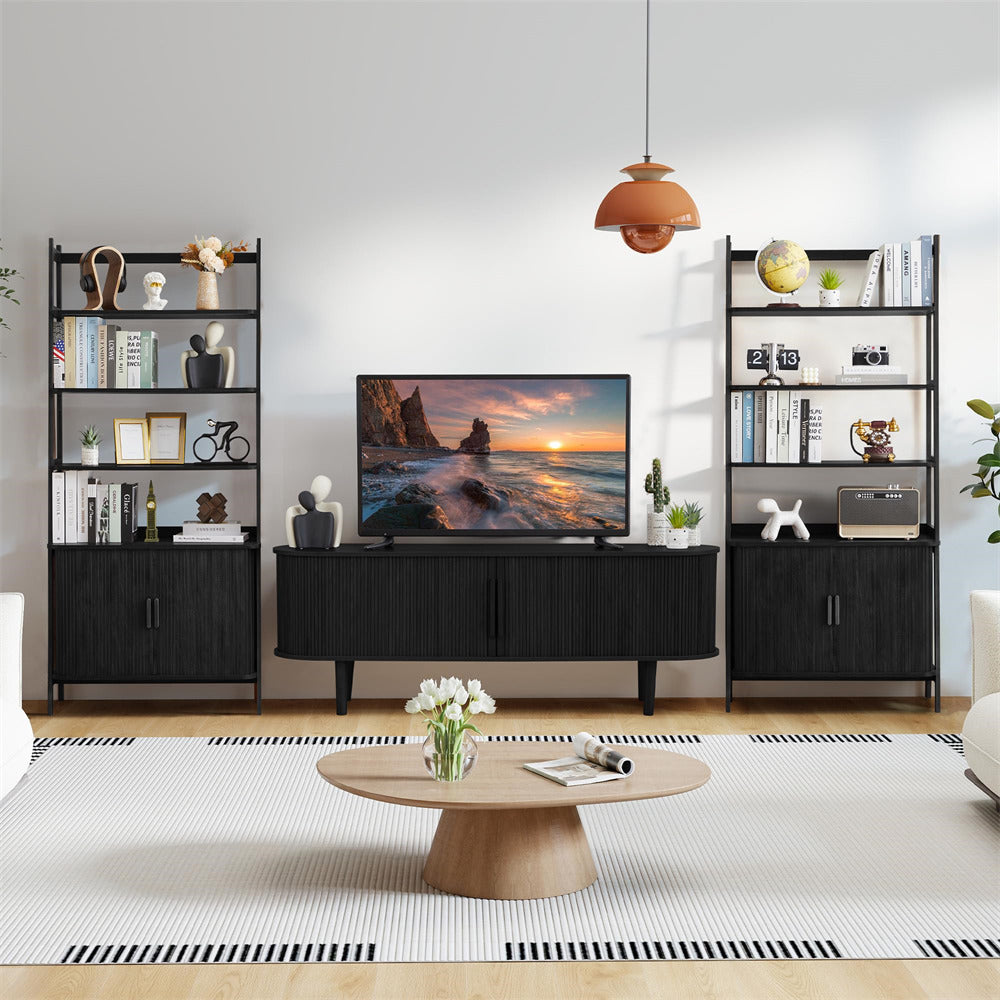 Modern living room with a TV, bookshelves, and a coffee table.