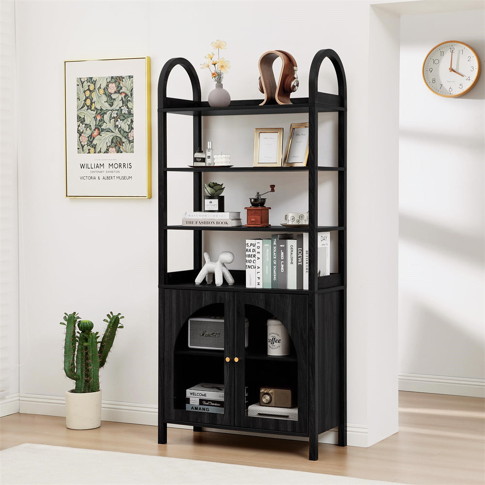 Black bookshelf with decorative items in a room setting