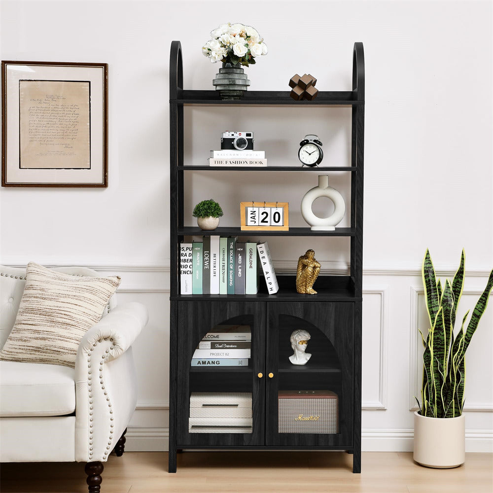 Black bookshelf with decorative items in a living room setting