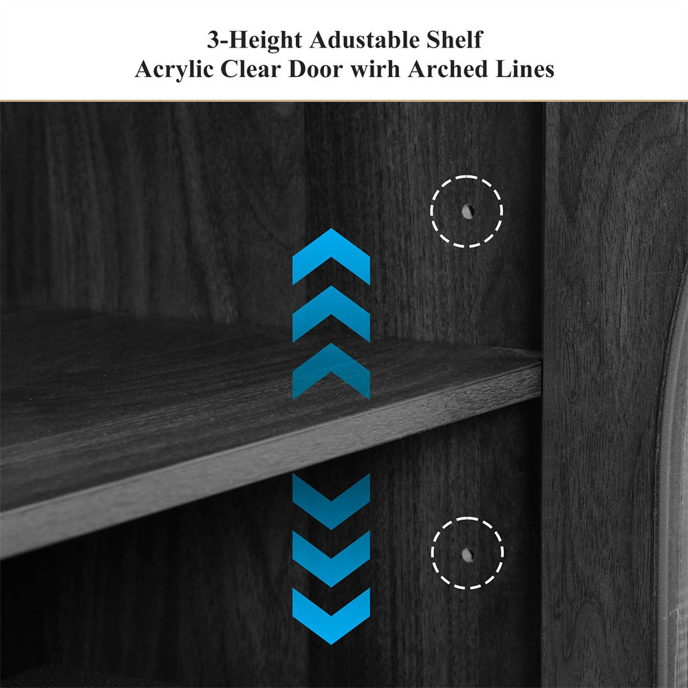 3-height adjustable shelf with acrylic clear door featuring arches, labeled with blue arrows.