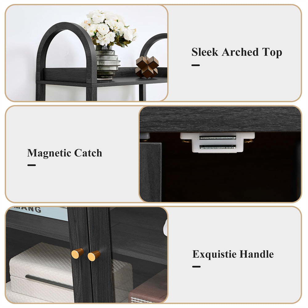 Black cabinet with features highlighted: sleek arched top, magnetic catch, and exquisite handle.
