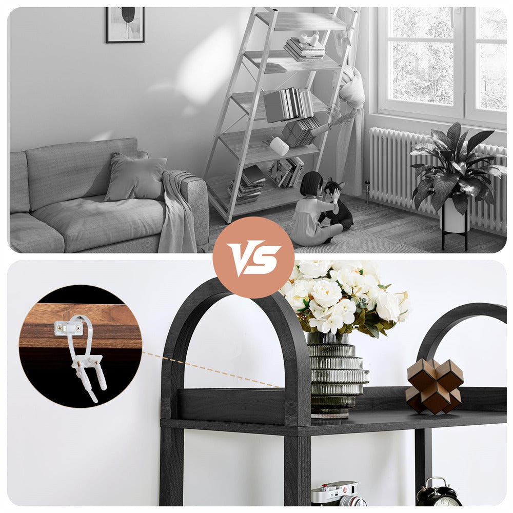 Living room with a sofa and bookshelf, followed by a close-up of a shelf with decorative items.