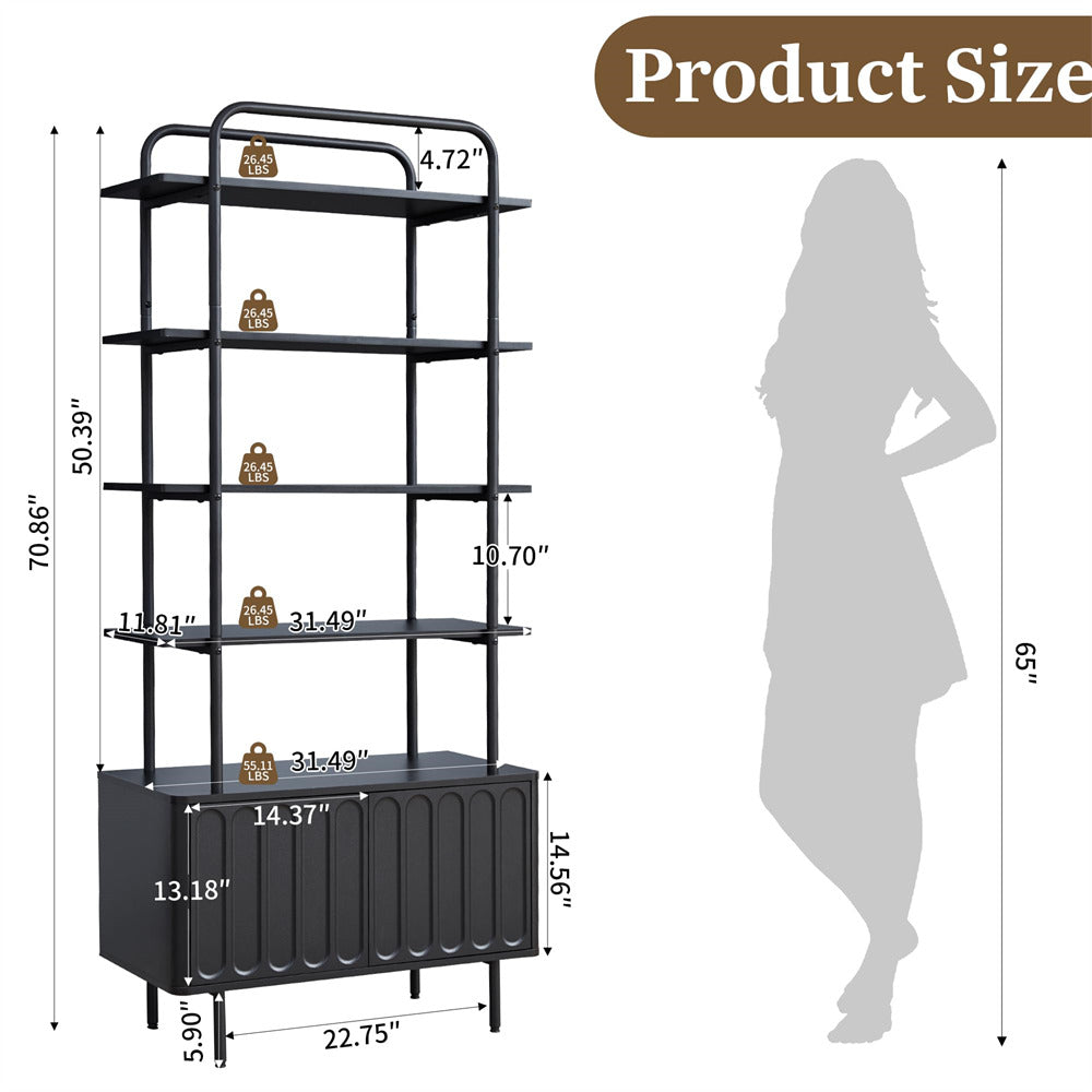 Black 71" Modern Metal 6-Tier Bookshelf Freestanding Storage Organizer with Open Shelves & Adjustable Footpad