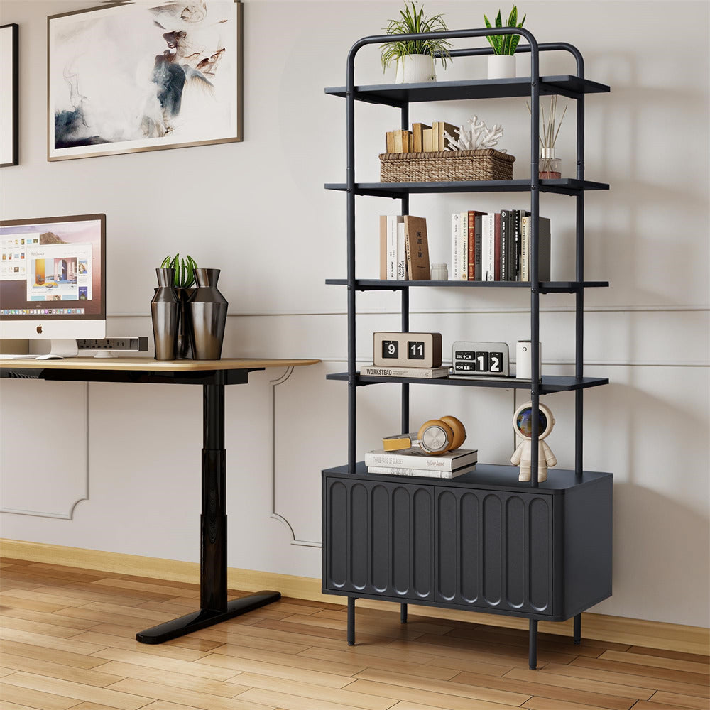Black 71" Modern Metal 6-Tier Bookshelf Freestanding Storage Organizer with Open Shelves & Adjustable Footpad