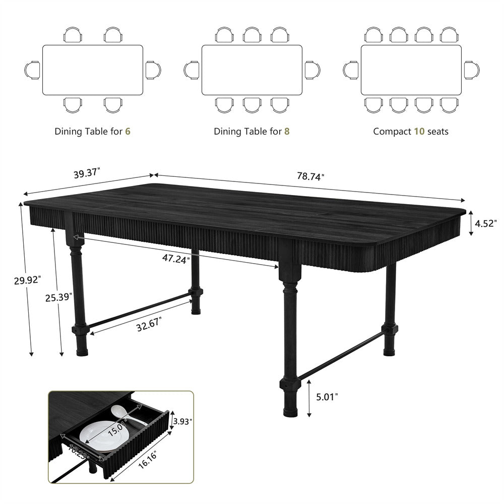Black 78 Inch Fluted Rectangular Kitchen Dining Table with Drawers for 6 8 10