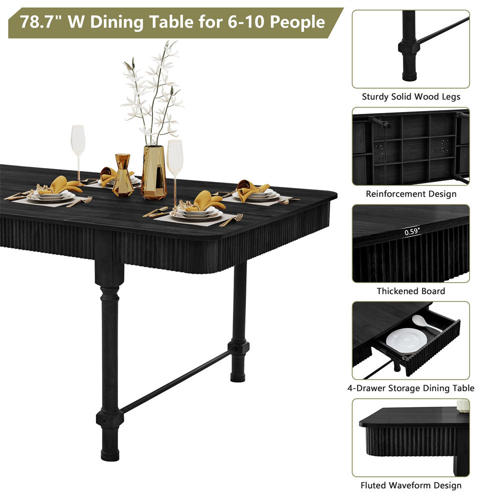 Black 78 Inch Fluted Rectangular Kitchen Dining Table with Drawers for 6 8 10