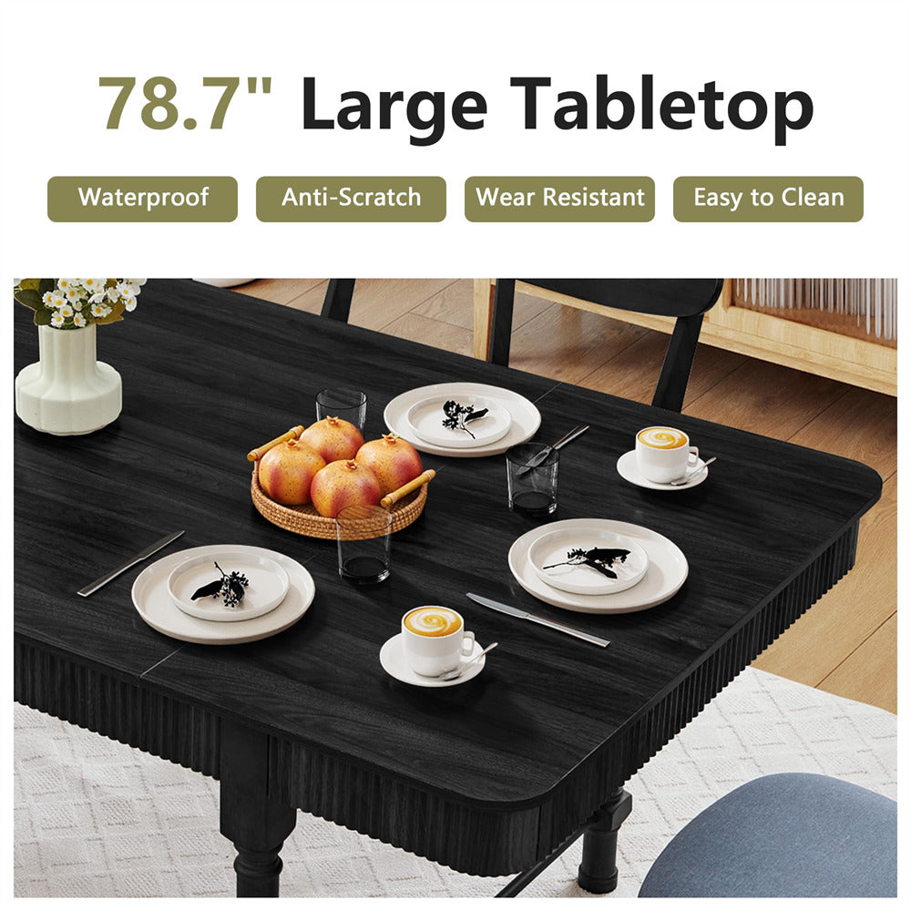 Black 78 Inch Fluted Rectangular Kitchen Dining Table with Drawers for 6 8 10