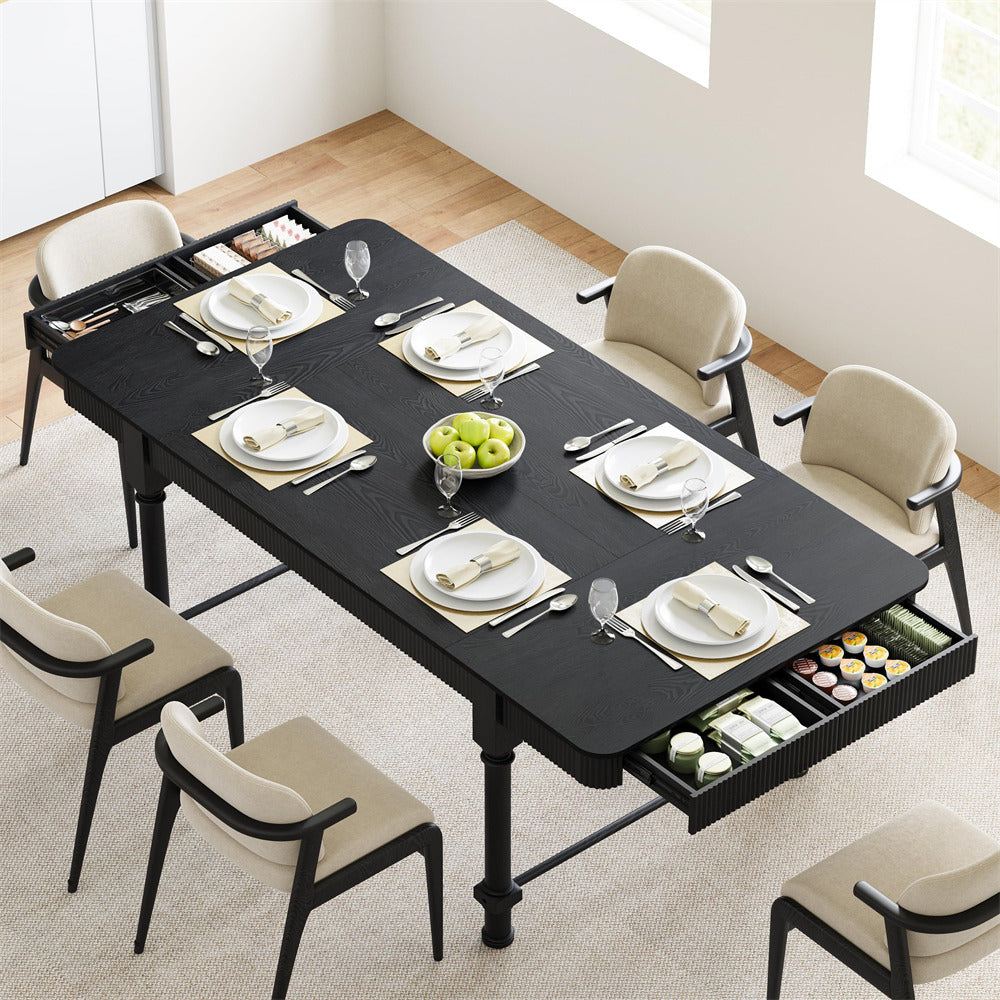 Black 78 Inch Fluted Rectangular Kitchen Dining Table with Drawers for 6 8 10