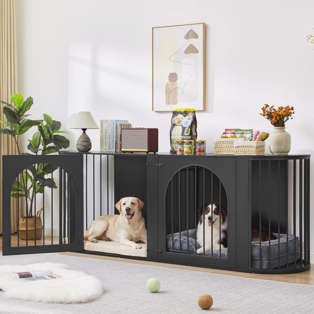 Black 87" Modern Indoor Curved Dog Cage for 2 Dogs with Removable Divider