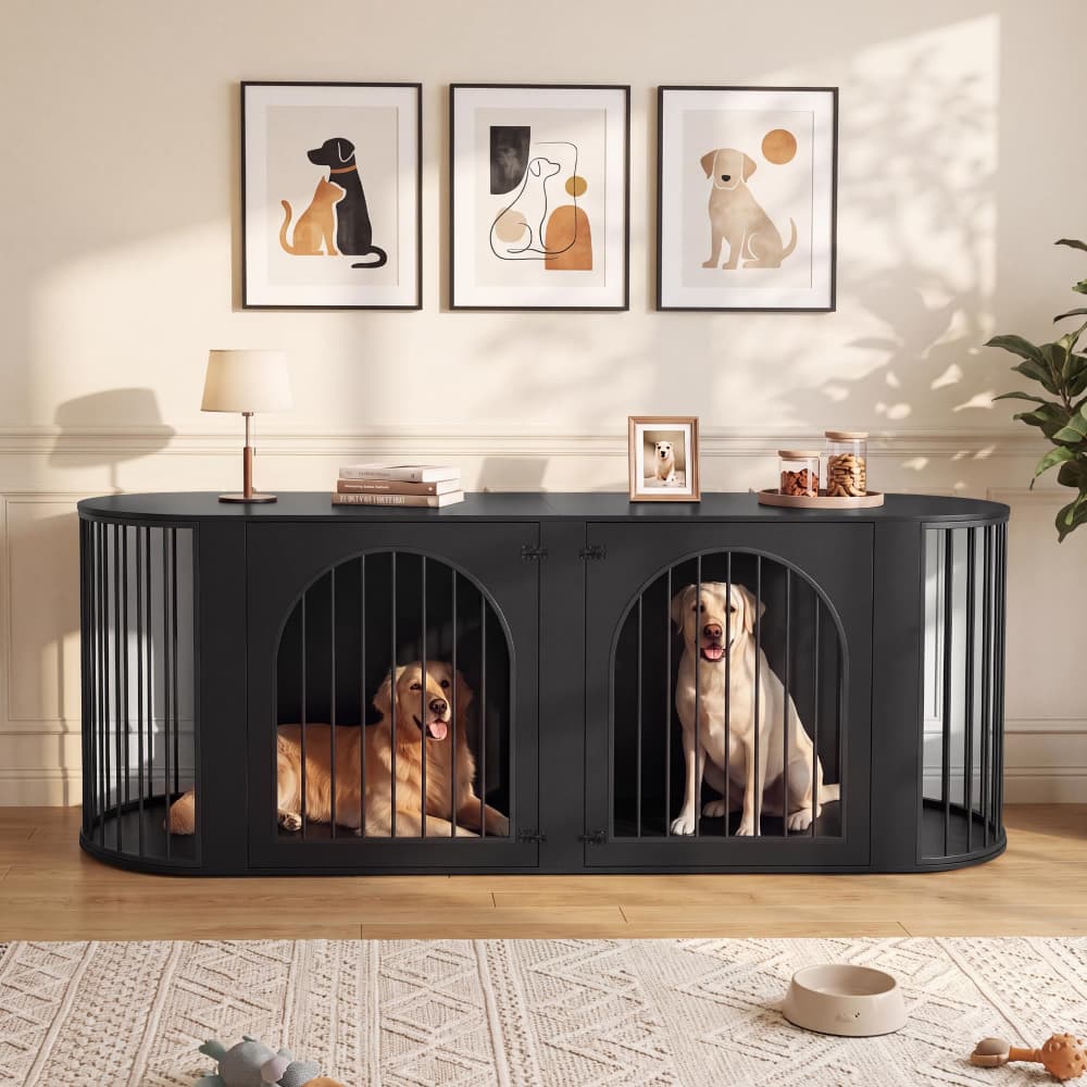 Black 87" Modern Indoor Curved Dog Cage for 2 Dogs with Removable Divider