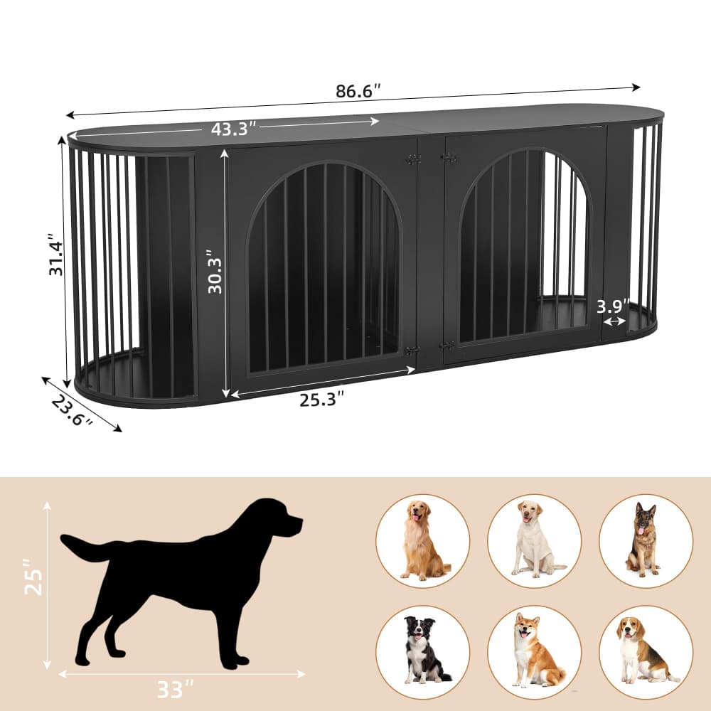 Black 87" Modern Indoor Curved Dog Cage for 2 Dogs with Removable Divider