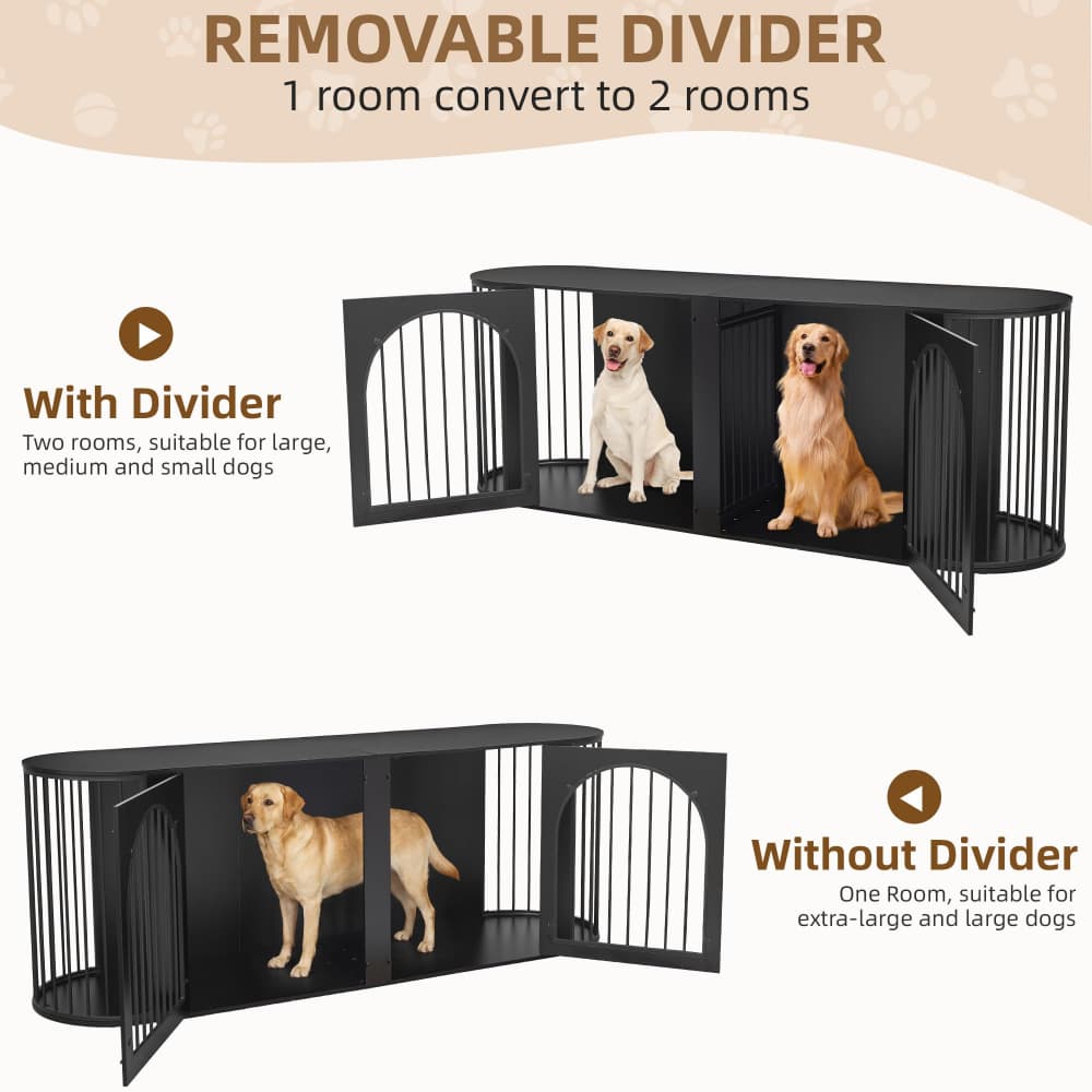 Black 87" Modern Indoor Curved Dog Cage for 2 Dogs with Removable Divider