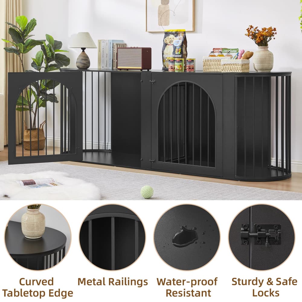 Black 87" Modern Indoor Curved Dog Cage for 2 Dogs with Removable Divider