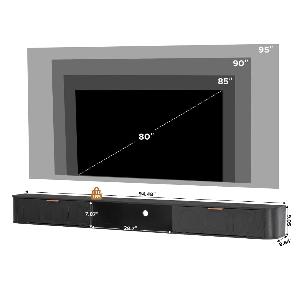 A dimension diagram showing a black TV stand/media console beneath a large screen, with labeled measurements including 80 inches diagonal screen size, 95 and 90 inch wall depth, 94.48 inch width, 28.