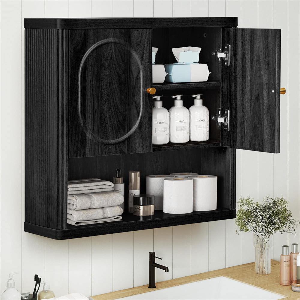 Black wall-mounted cabinet with open doors displaying bathroom products against a white wooden panel wall.