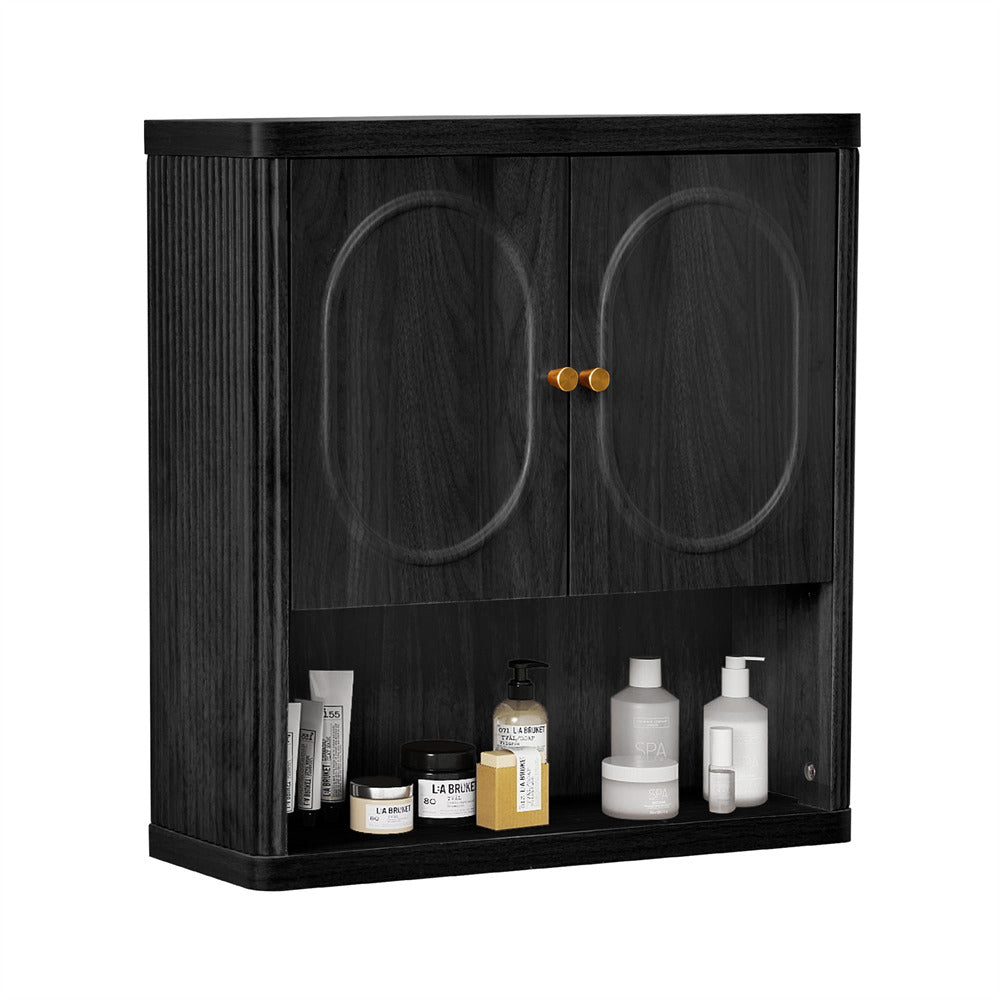 Dark wood cabinet with round handles displaying various bottles and containers on a white background