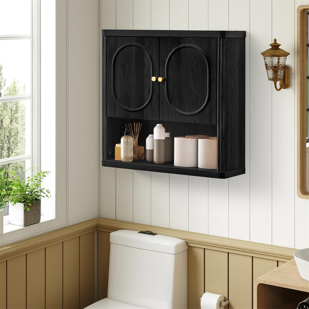 Black wall-mounted cabinet in a bathroom with white walls and wooden paneling.