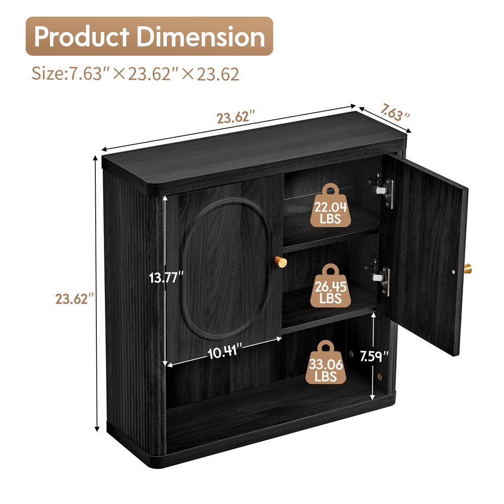 Black storage cabinet with dimensions and weight labels on a white background