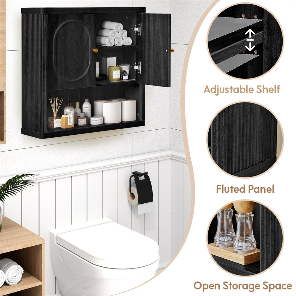 Black wall-mounted cabinet with adjustable shelf, fluted panel, and open storage space in a bathroom setting.