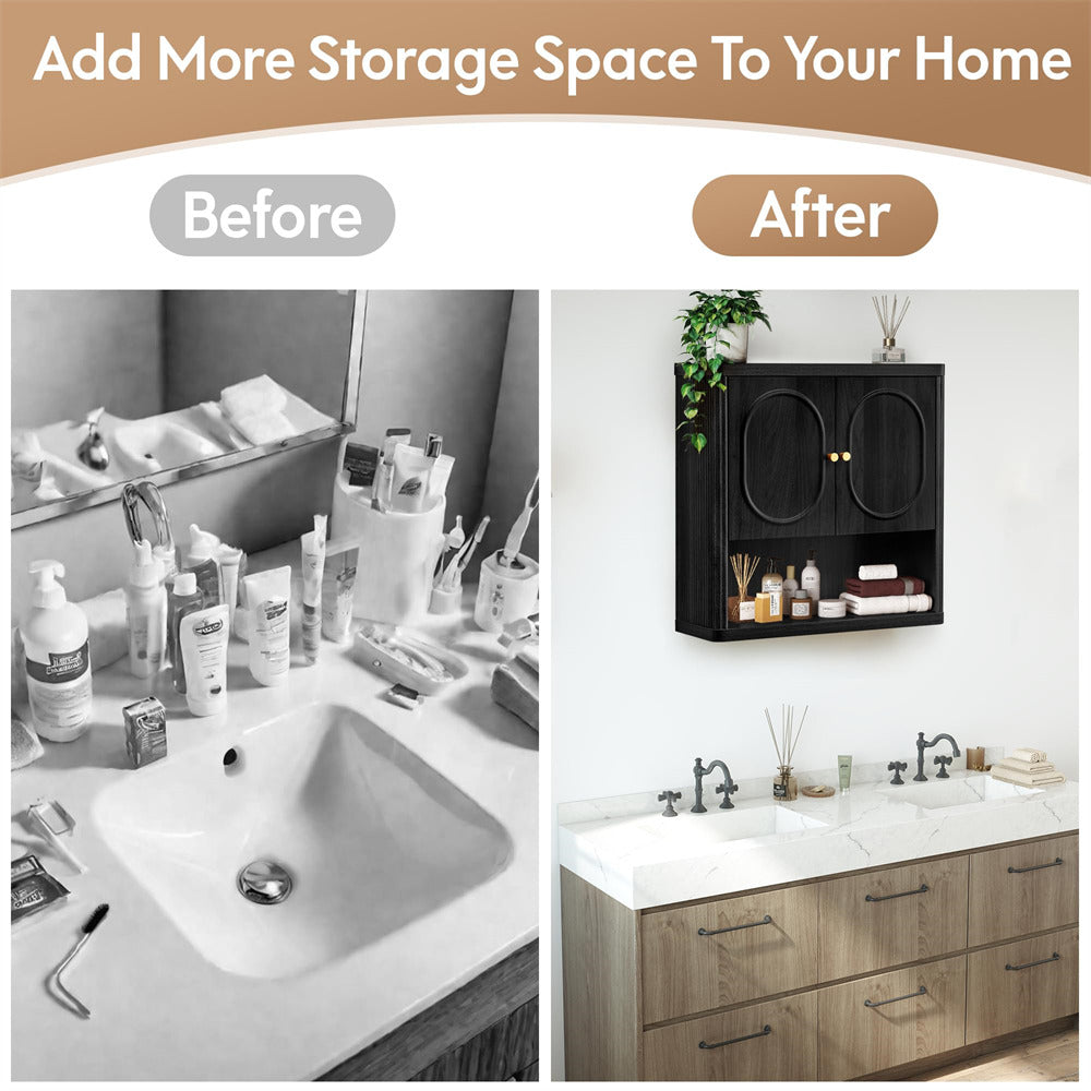 Bathroom transformation before and after with added storage space.