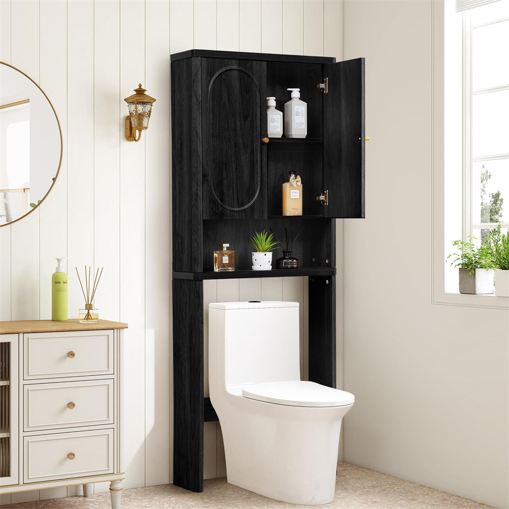 Black Bathroom Wood Curved Fluted Toilet Storage Cabinet with Door