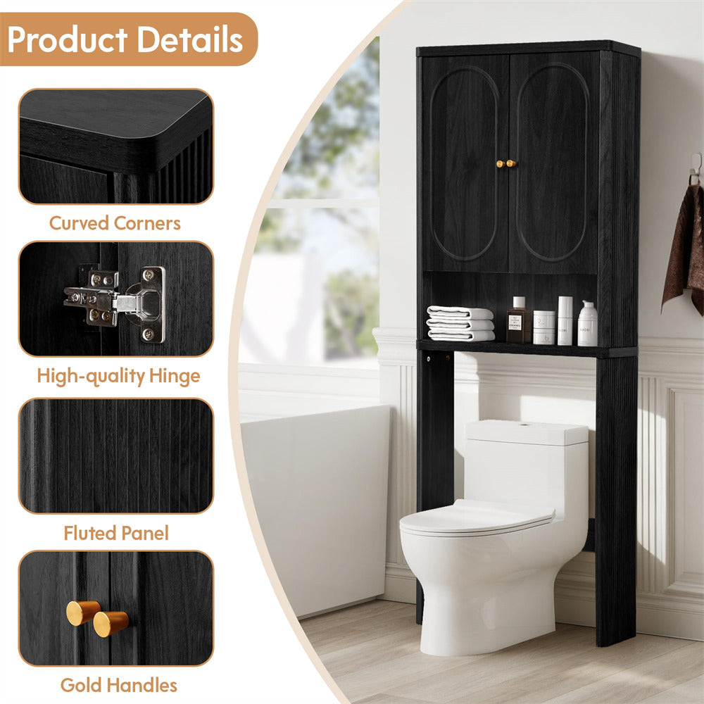 Black Bathroom Wood Curved Fluted Toilet Storage Cabinet with Door