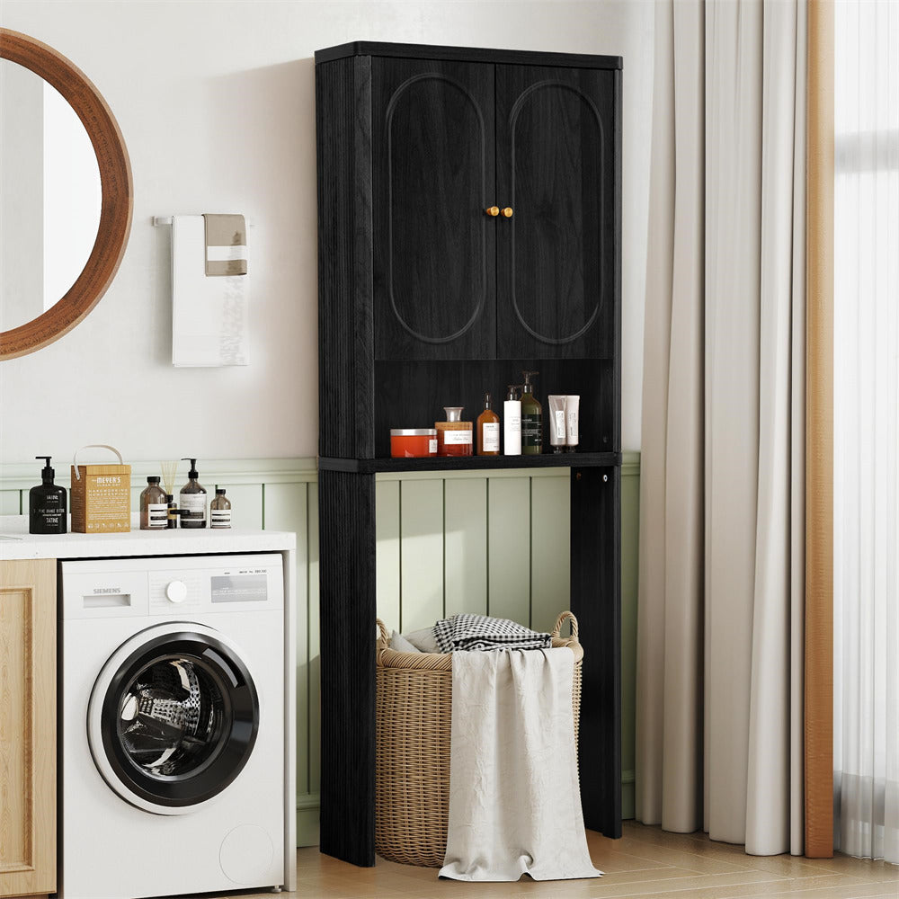 Black Bathroom Wood Curved Fluted Toilet Storage Cabinet with Door