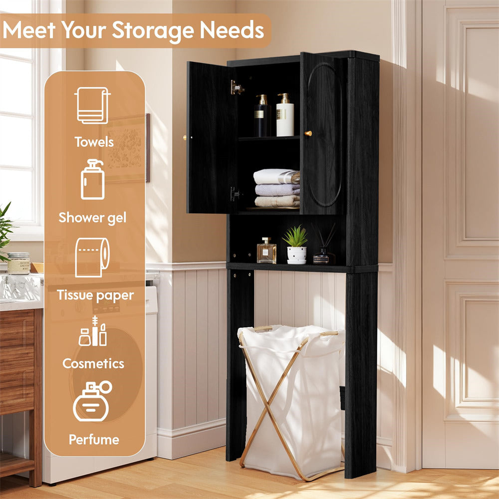Black Bathroom Wood Curved Fluted Toilet Storage Cabinet with Door