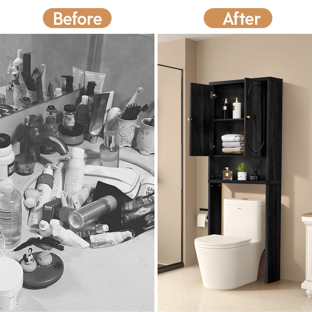 Black Bathroom Wood Curved Fluted Toilet Storage Cabinet with Door