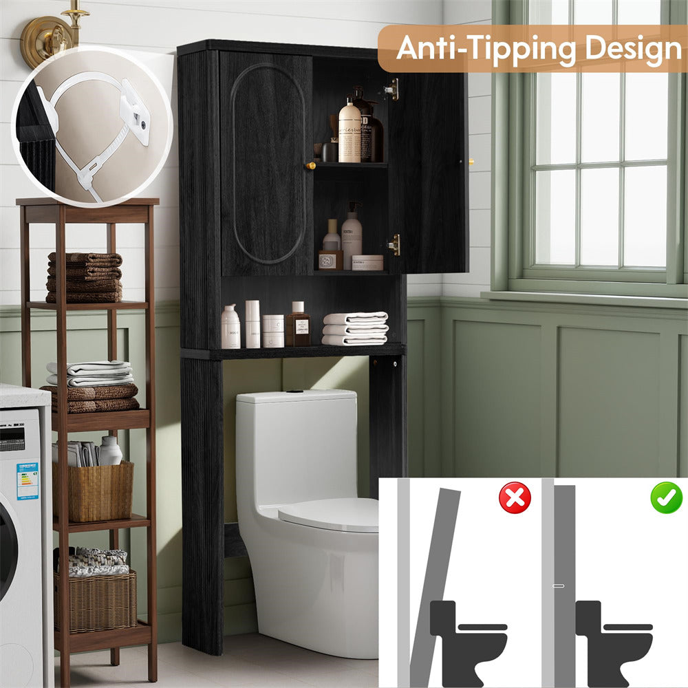 Black Bathroom Wood Curved Fluted Toilet Storage Cabinet with Door