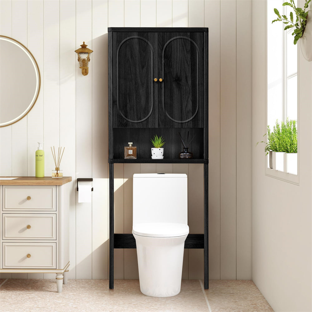 Black Bathroom Wood Curved Fluted Toilet Storage Cabinet with Door