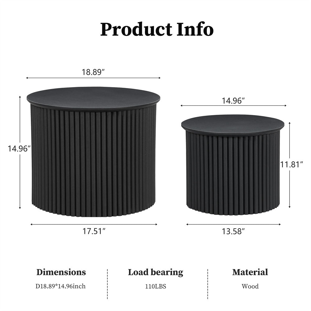 Dimensions and specifications of two black cylindrical tables on a white background