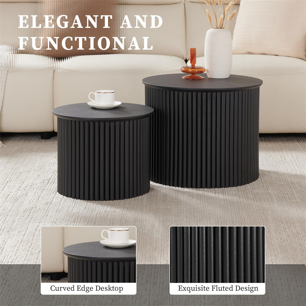 Black Boho Round Fluted Wood Nesting Coffee Table Set of 2 Farmhouse End Table Set