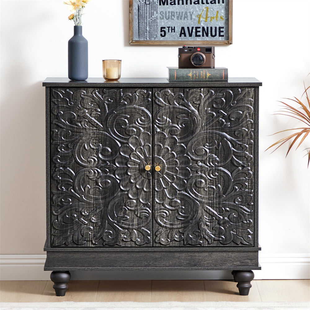 Black Classic Carved Storage Cabinet Sideboard Buffet with Adjustable Shelves