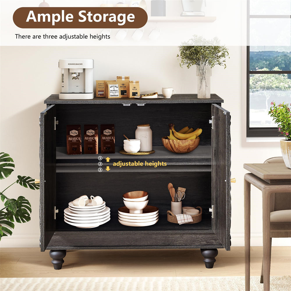 Black storage cabinet with adjustable shelves in a room setting.