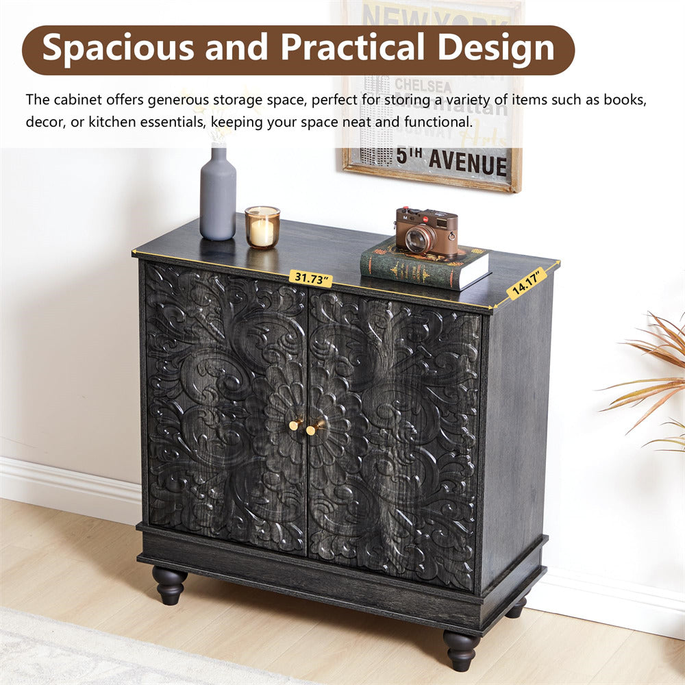 Black cabinet with decorative embossed design on a white background