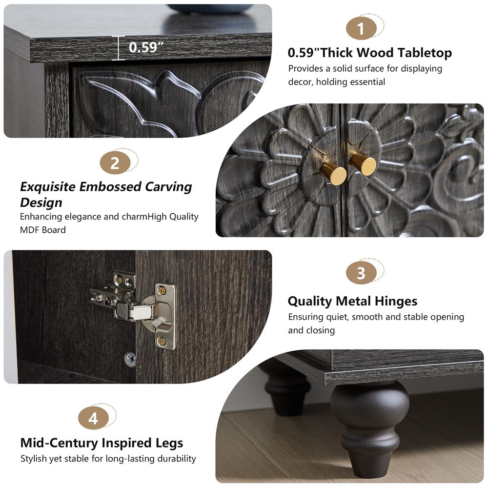 Wooden table with close-up details of its features, including a thick wood tabletop, embossed carving design, metal hinges, and mid-century inspired legs.