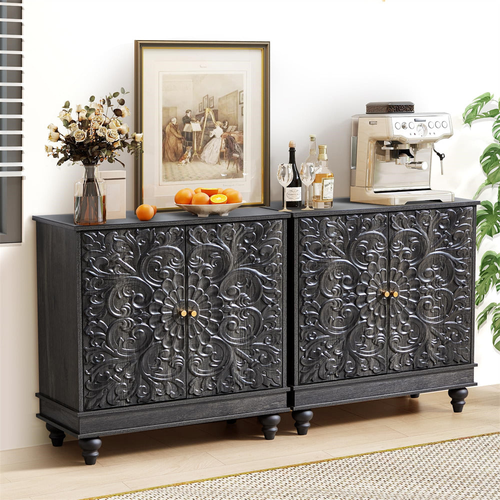 Decorative black sideboard with floral patterns in a room setting.