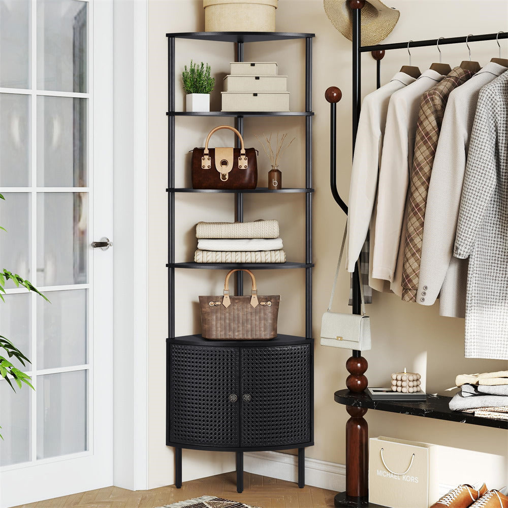 Black corner shelf with wicker basket and clothing rack in a room.