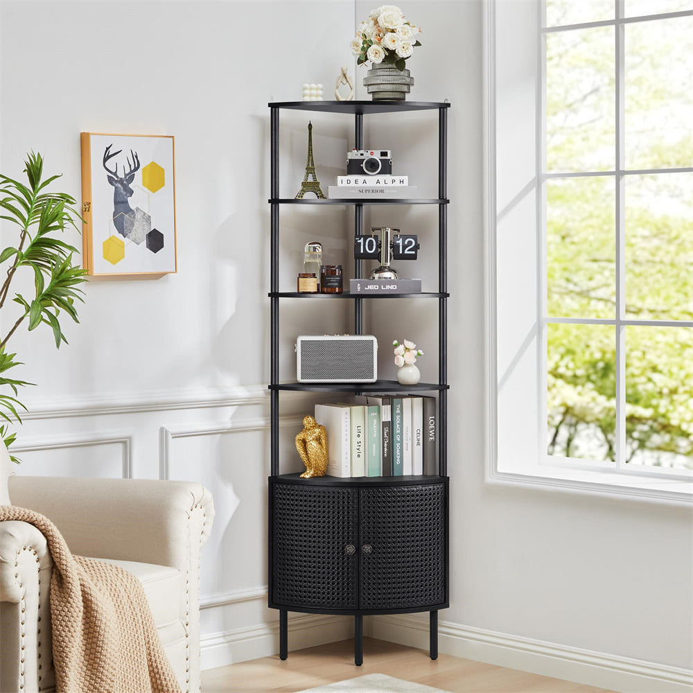 Black corner bookshelf with decorative items in a living room setting