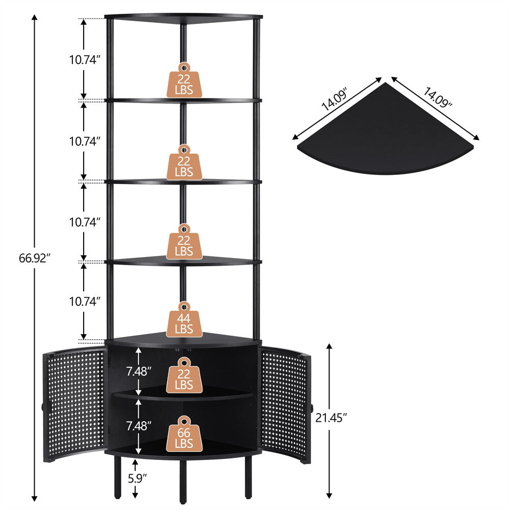 Black corner shelf with measurements and weight labels on a white background