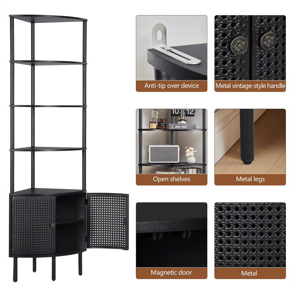 Black metal bookshelf with various features highlighted on a white background