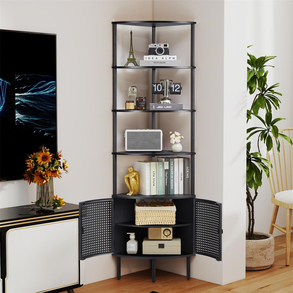 Black corner bookshelf with decorative items in a living room setting