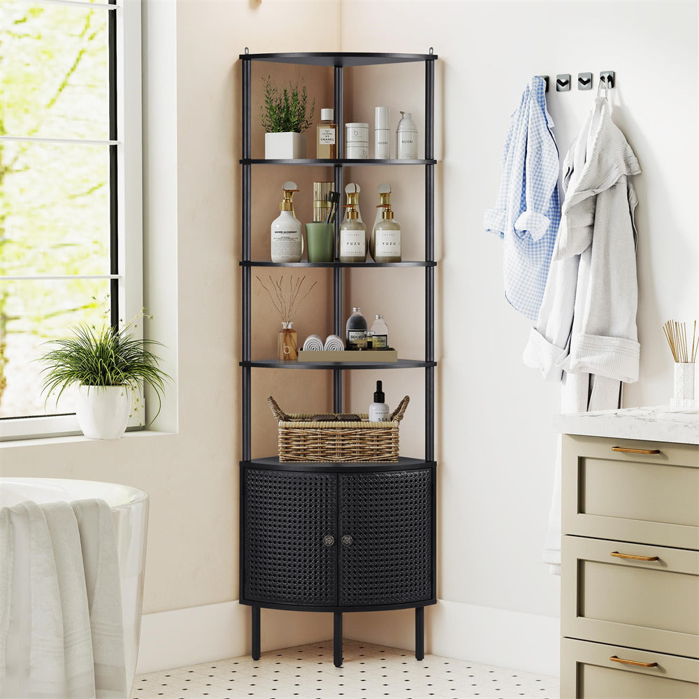 Black corner shelf in a bathroom with various items on shelves and a robe hanging on a rack.