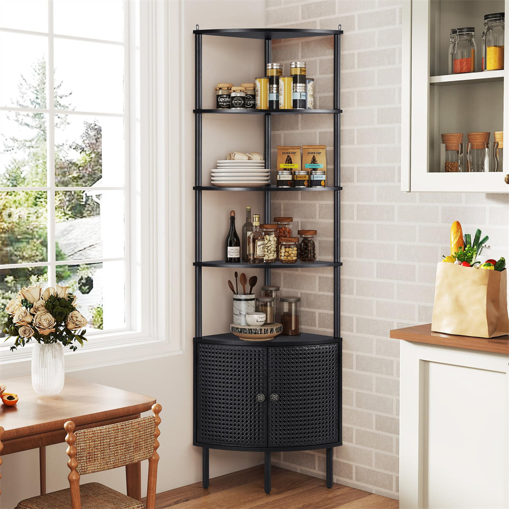 Black corner shelf with kitchen items in a well-lit kitchen.